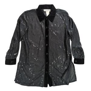 VTG Another Thyme Sequin Blouse Medium Black Sheer Button Front Party Top USA